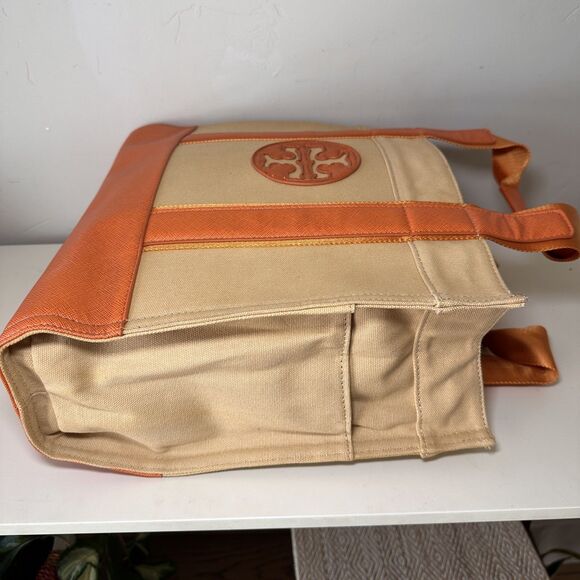 TORY BURCH Tote Bag Orange Leather Canvas Top Handle Limited Edition EUC Rare - Picture 7 of 9